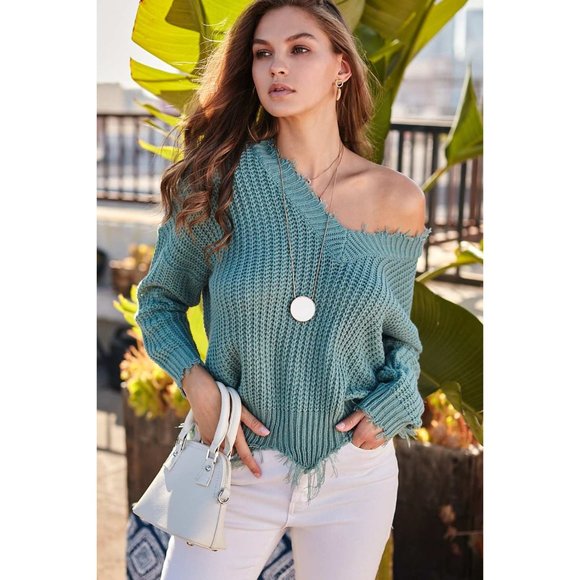 Main Strip Frayed V-Neck Sweater, Mineral Blue - Picture 6 of 7